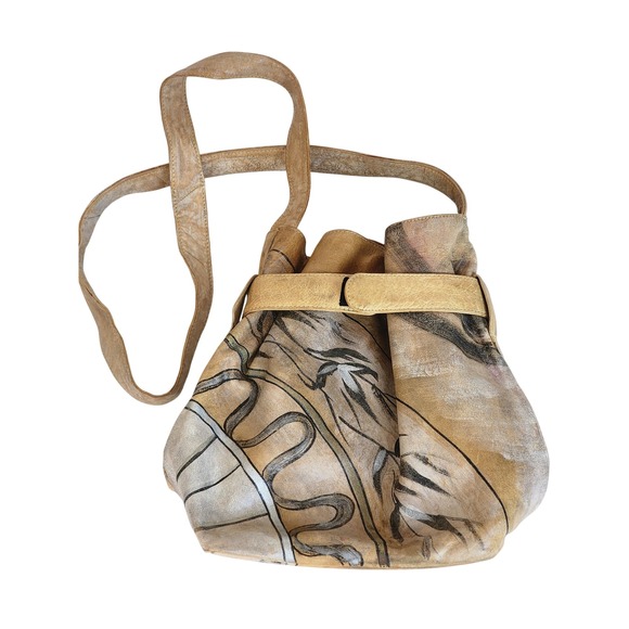 Botany Handbags - Botany Hand Painted Leather Bucket Bag Tan Artistic Crossbody Boho Vintage